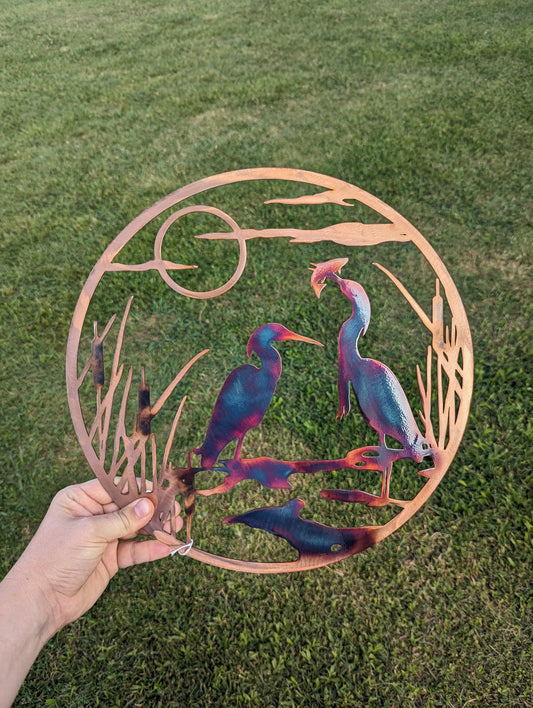 Colorful Heron and Cattails Scenery Metal Art with Colorful Chemical Patina Finish Home Decor for Wall