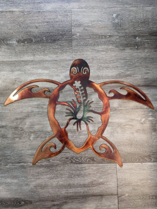 Hibiscus Sea Turtle Metal Art with Colorful Patina Finish